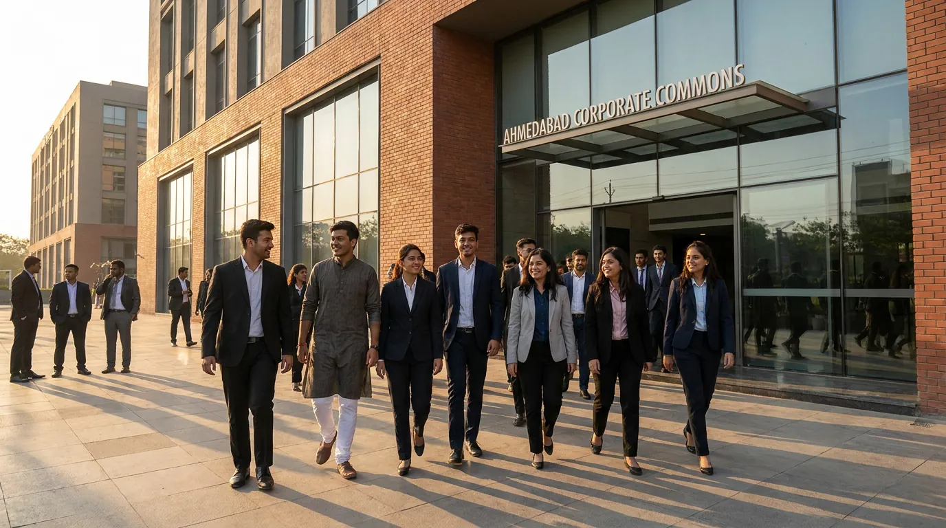 TOPS+ graduates celebrating outside a modern office building