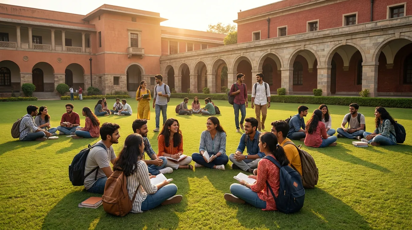 TOPS+ students laughing together on the campus steps at golden hour