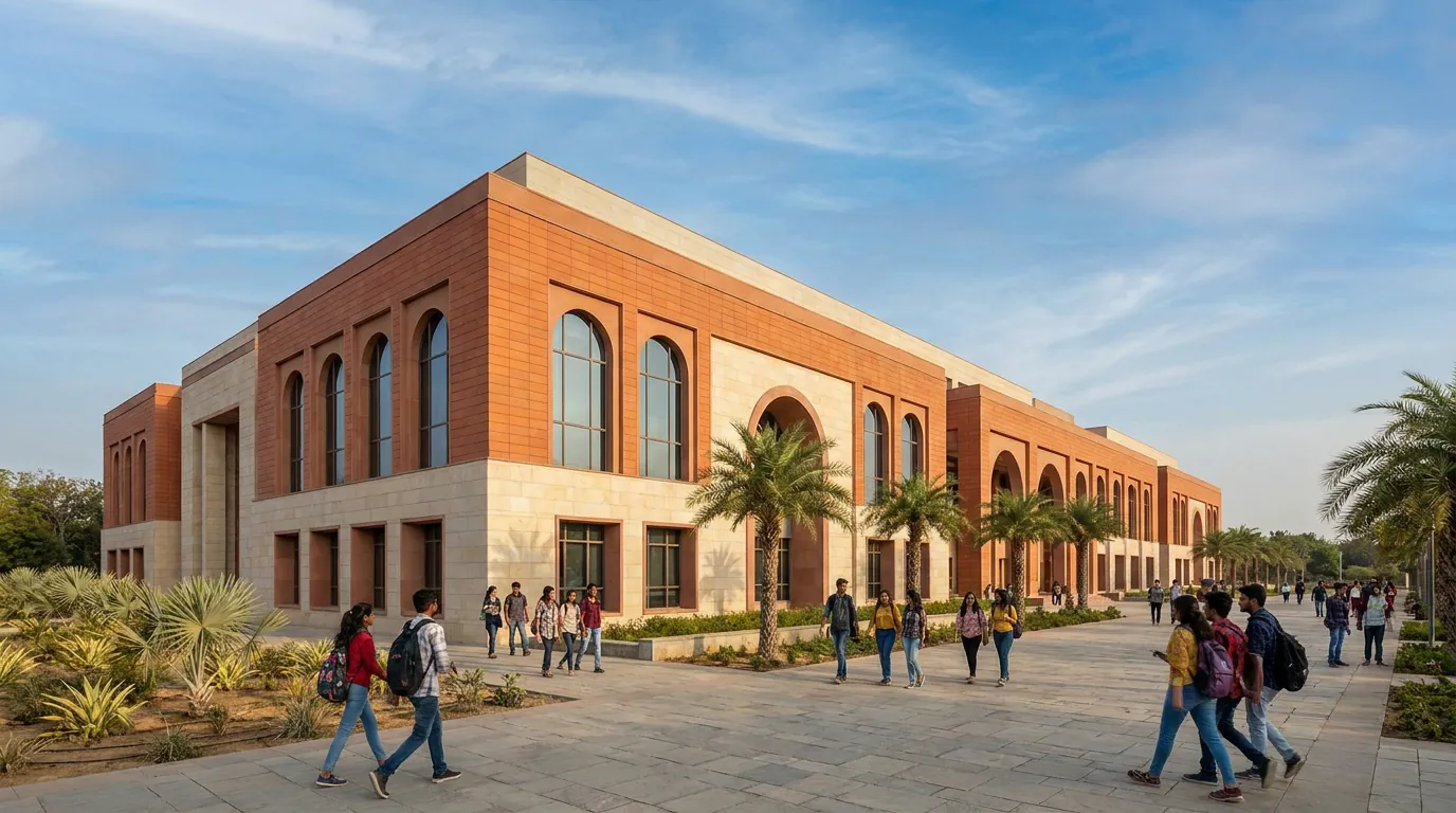 TOPS+ Ahmedabad campus exterior at sunset