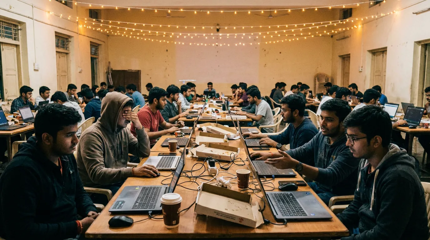 TOPS+ hackathon night with students coding together